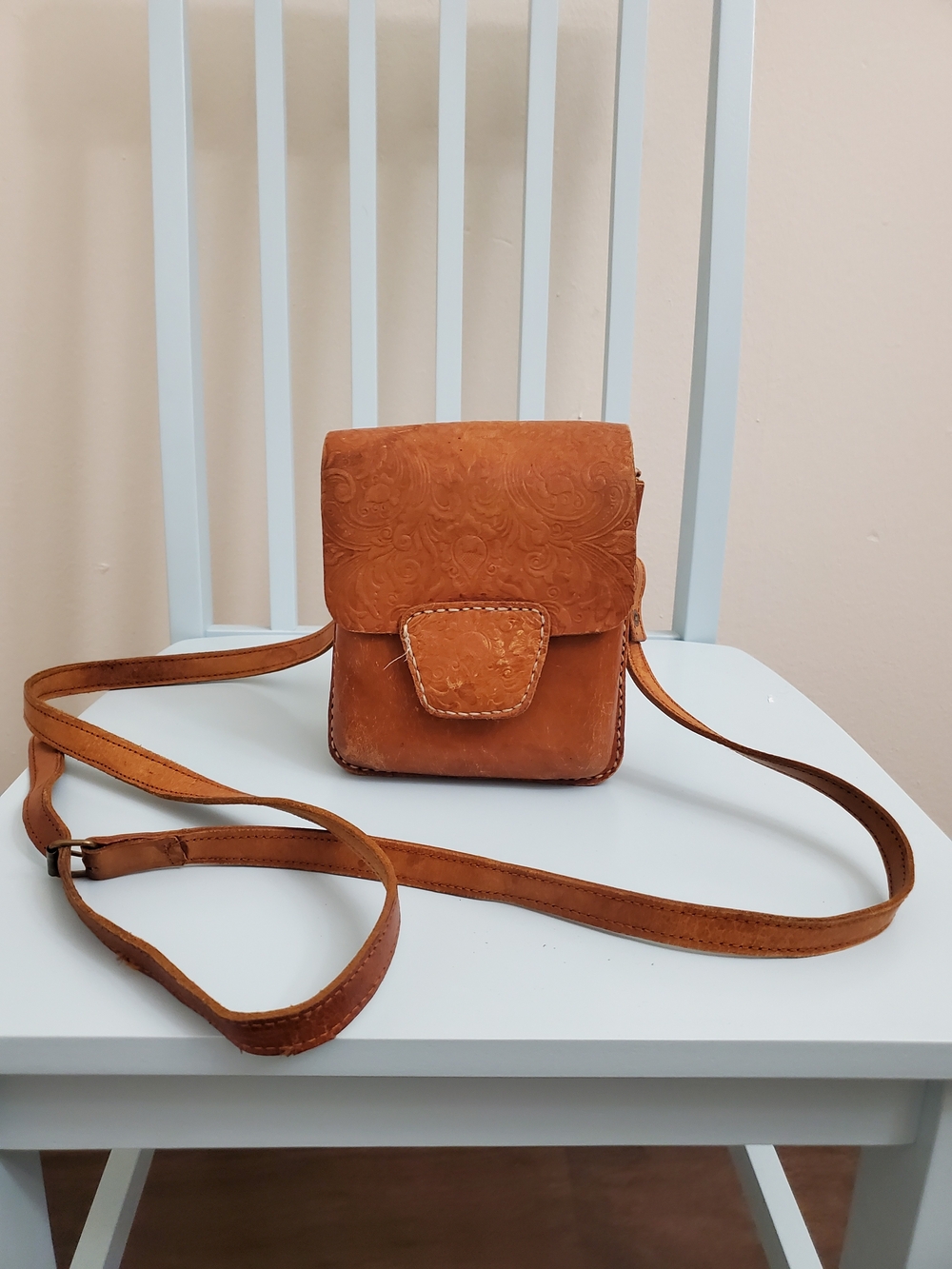Brown Hand Crafted Tooled Tan Leather Crossbody Bag